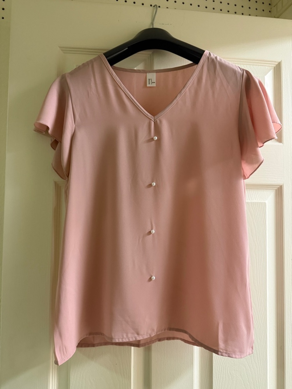 Light Pink V-Neck Flutter Sleeve Top with Pearl Buttons